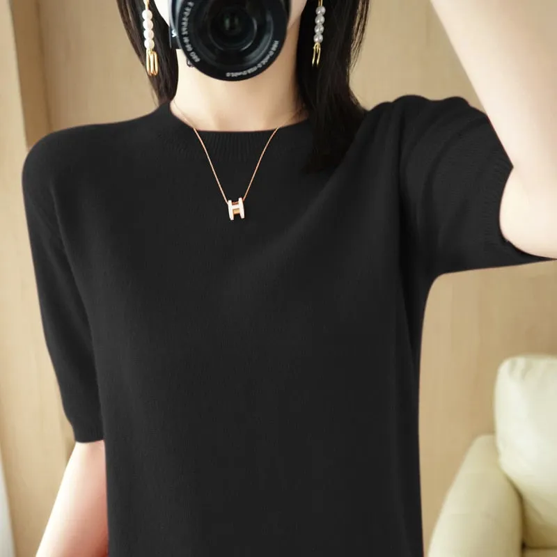 Women's O-Neck Cashmere Sweater Short-Sleeved Chic Sweater