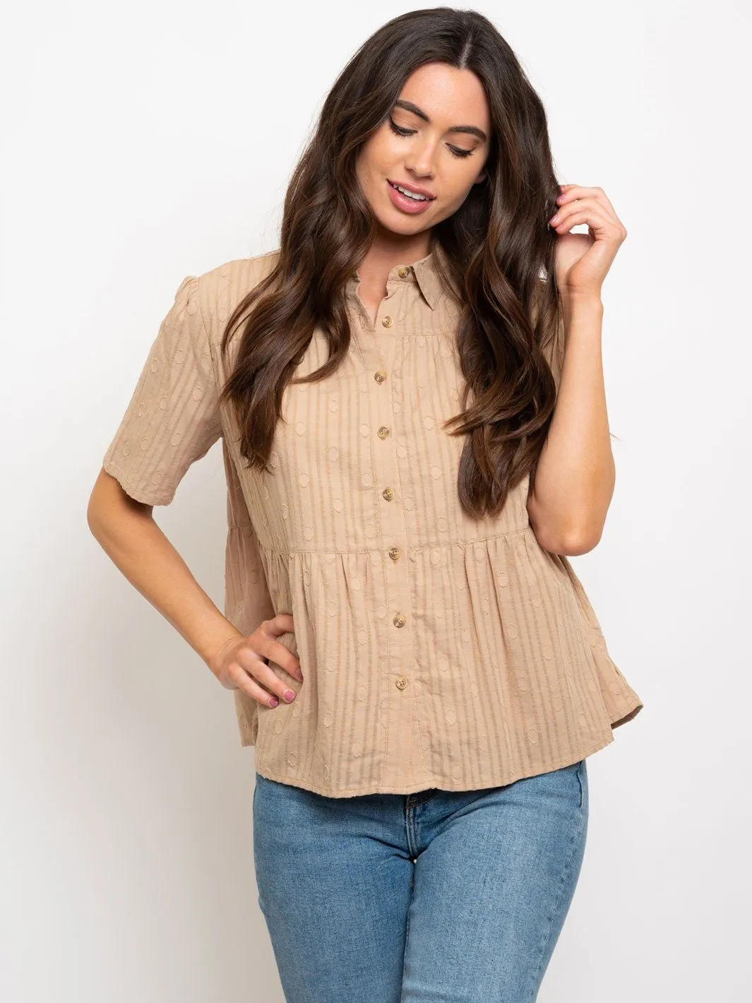 WOMEN'S SHORT SLEEVE BUTTON DOWN COLLAR TOP
