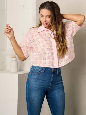 WOMEN'S SHORT SLEEVE BUTTON UP CHECKERS PRINT TOP