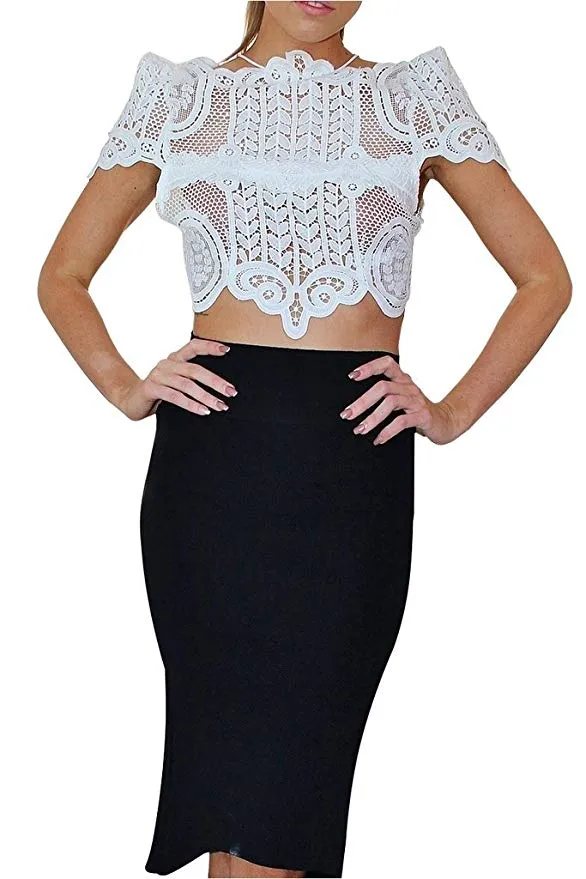 Women's Short Sleeve Sheer Mesh Floral Lace Crochet Crop Top Sexy Scallop Blouse