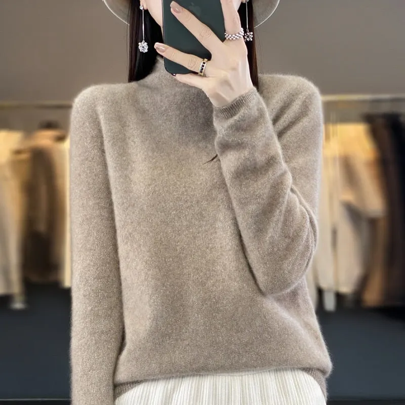 Women's Sweater Half Height Curled Collar Bright Silk Pure Wool Yarn Knitwear Pullover Sweater