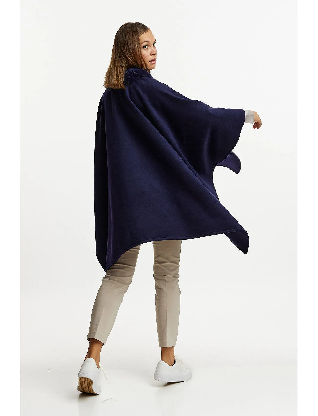 Wool poncho with fur trim - navy
