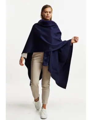 Wool poncho with fur trim - navy