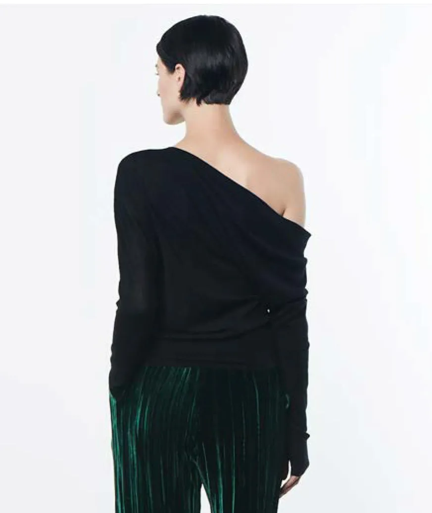 Wool/Cashmere Tissue Off Shoulder Slouch Sweater in Black