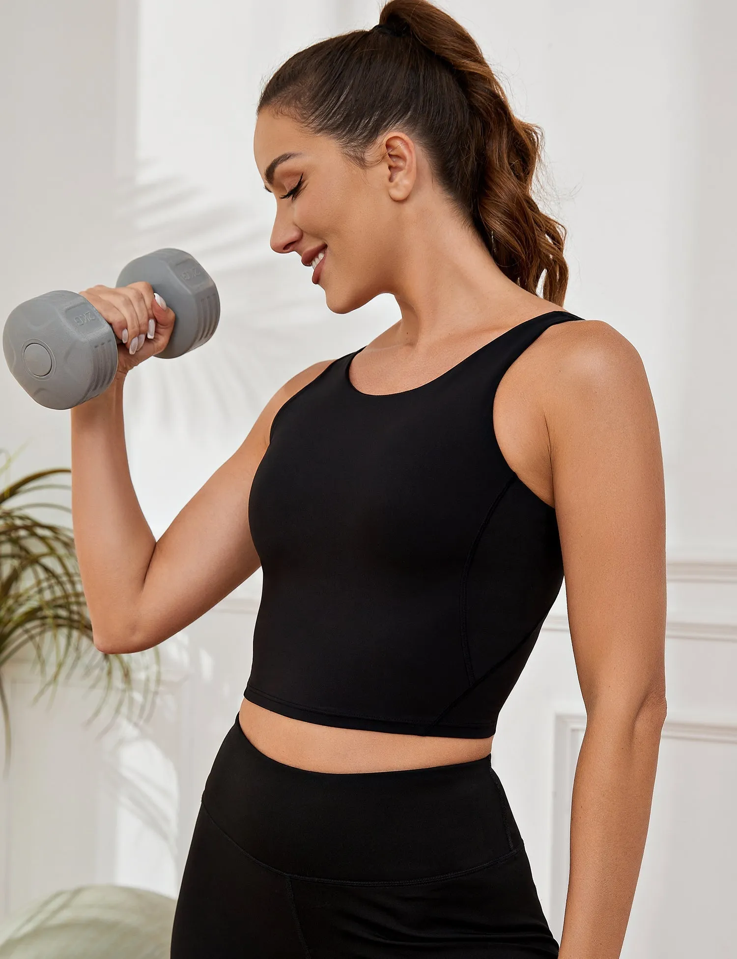 Workout Vests Tops for Women High Neck Longline Sports Bra Tank Built Black