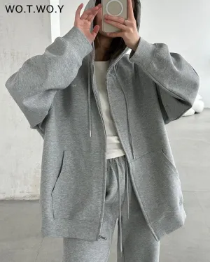 WOTWOY Causal Fleece Hooded Sweatshirts and Pants 2 Piece Sets Womens Outfits Autumn Winter Sweatpants Female Grey Pullovers