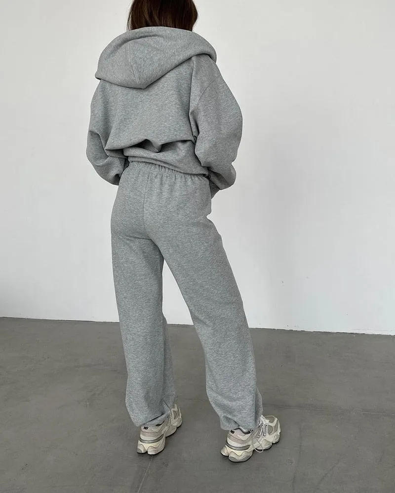 WOTWOY Causal Fleece Hooded Sweatshirts and Pants 2 Piece Sets Womens Outfits Autumn Winter Sweatpants Female Grey Pullovers