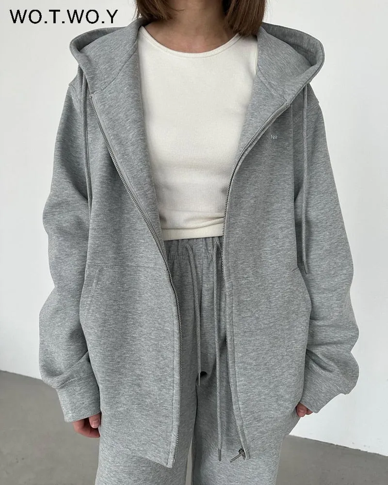 WOTWOY Causal Fleece Hooded Sweatshirts and Pants 2 Piece Sets Womens Outfits Autumn Winter Sweatpants Female Grey Pullovers