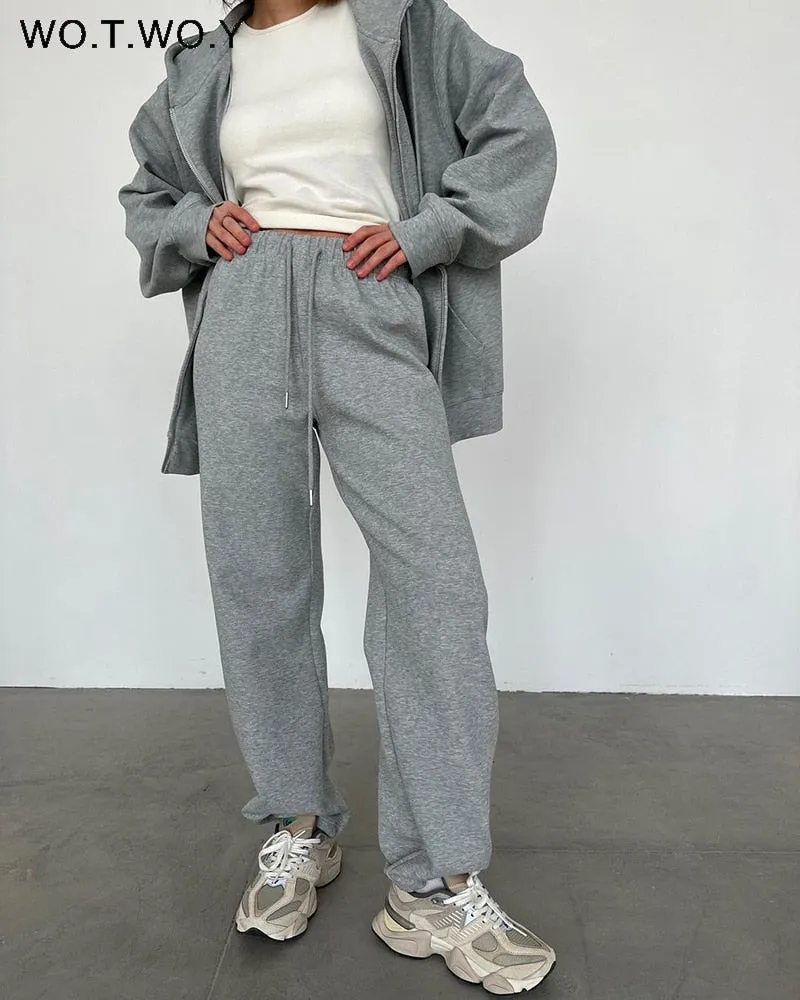WOTWOY Causal Fleece Hooded Sweatshirts and Pants 2 Piece Sets Womens Outfits Autumn Winter Sweatpants Female Grey Pullovers