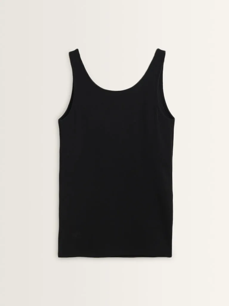Wunderlove Black Ribbed Textured Cotton-Blend Camisole