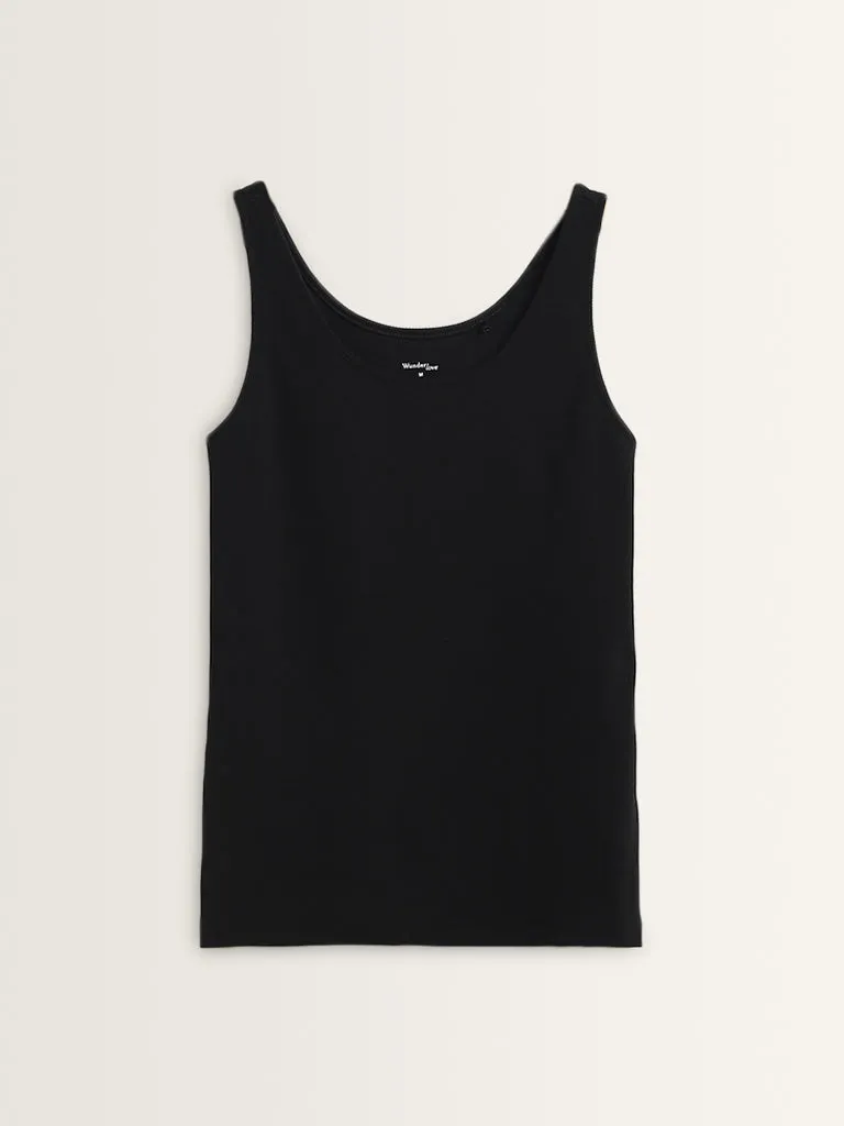 Wunderlove Black Ribbed Textured Cotton-Blend Camisole