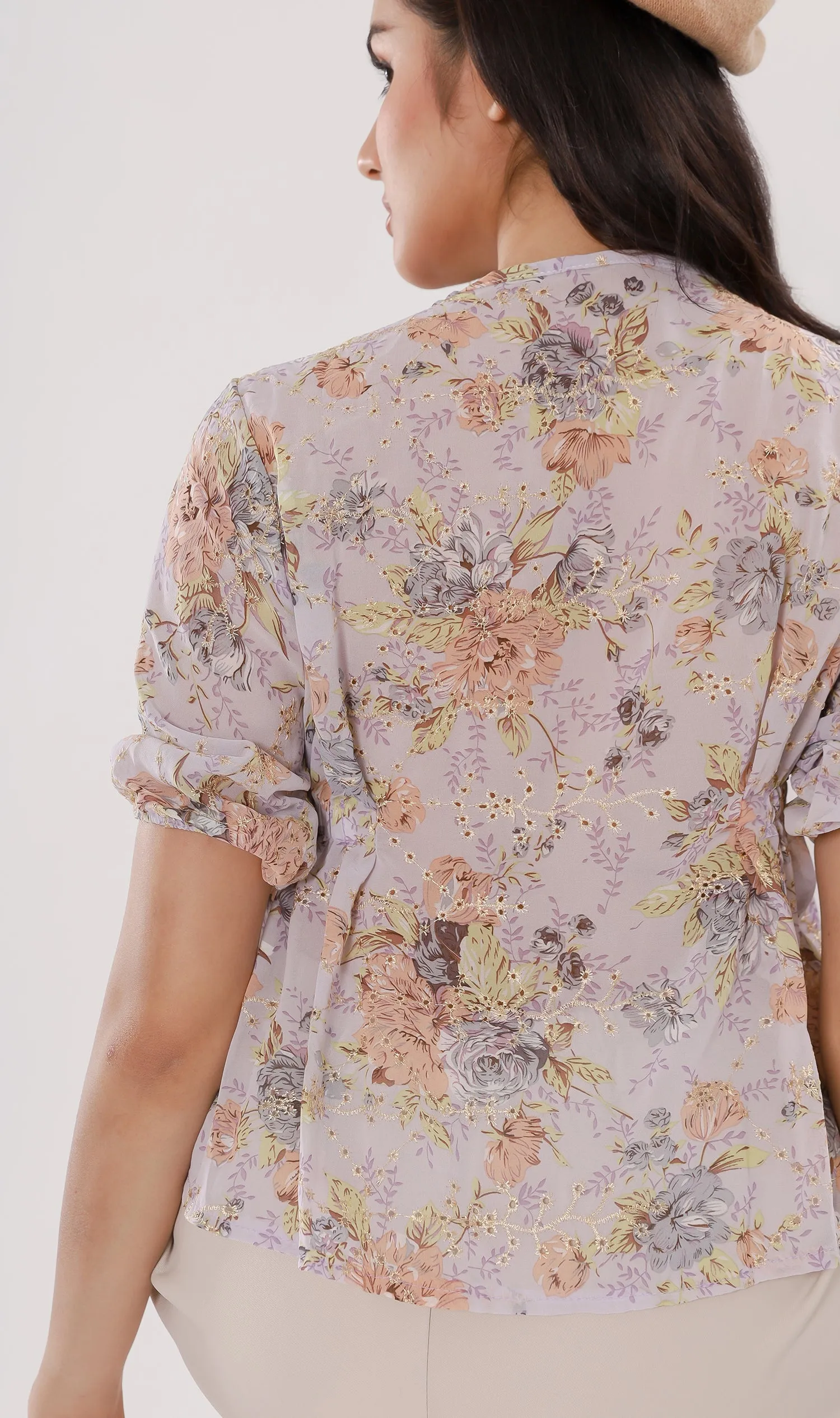 YNA Button-Down Embroidered Chiffon Top (Lilac)