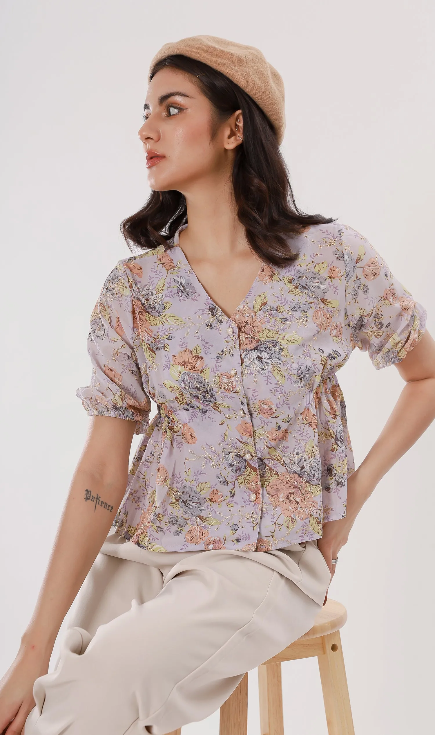 YNA Button-Down Embroidered Chiffon Top (Lilac)
