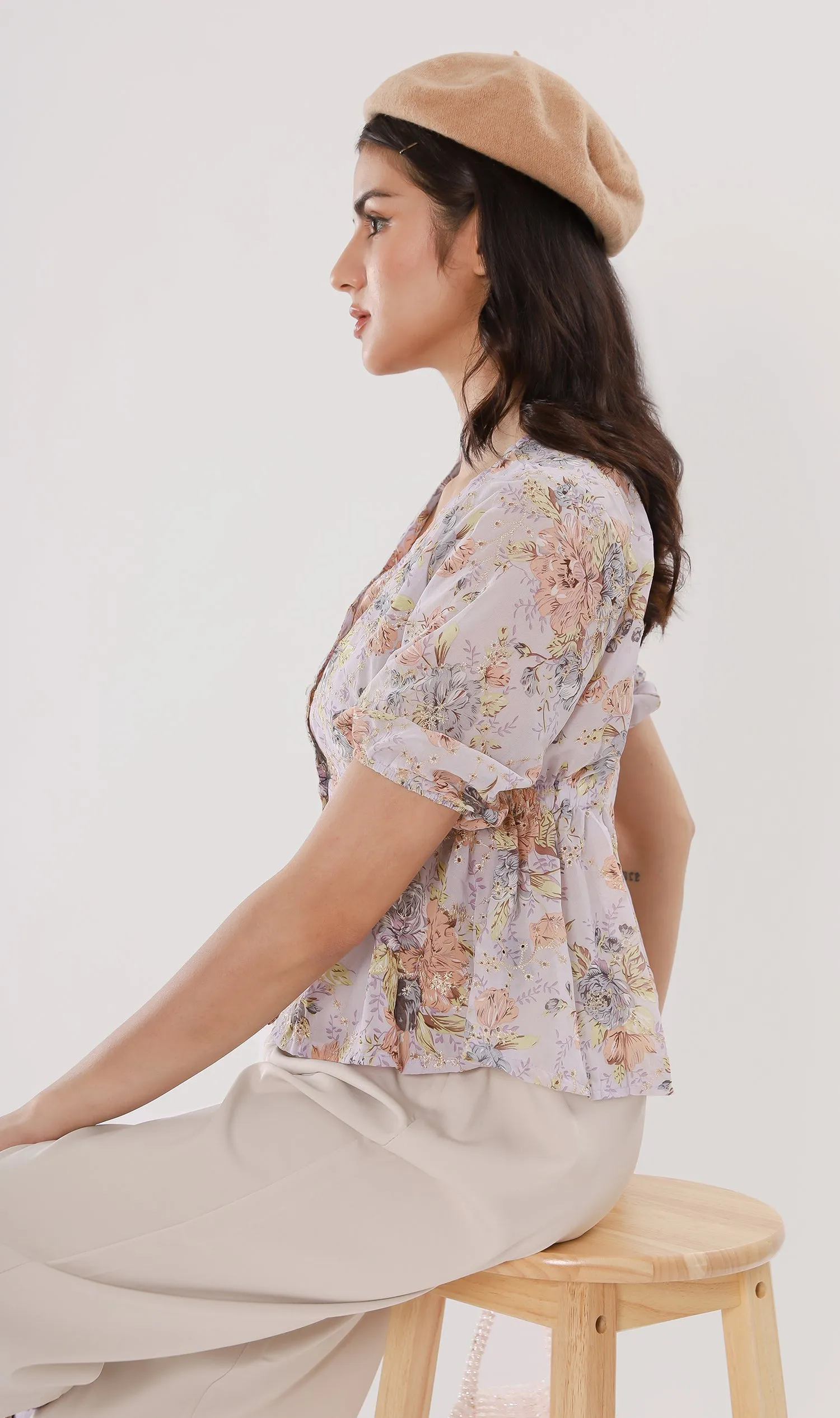 YNA Button-Down Embroidered Chiffon Top (Lilac)