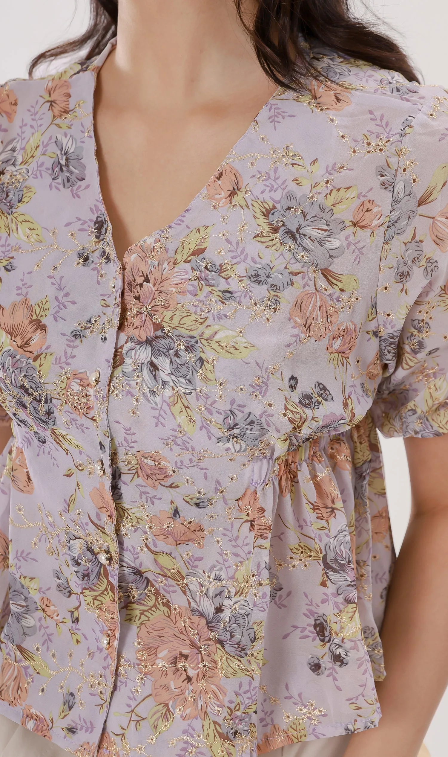 YNA Button-Down Embroidered Chiffon Top (Lilac)