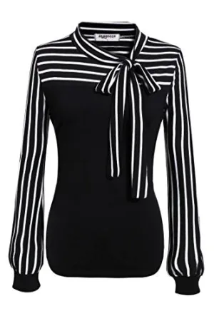 Zeagoo Women's Tie-Bow Neck Striped Shirt