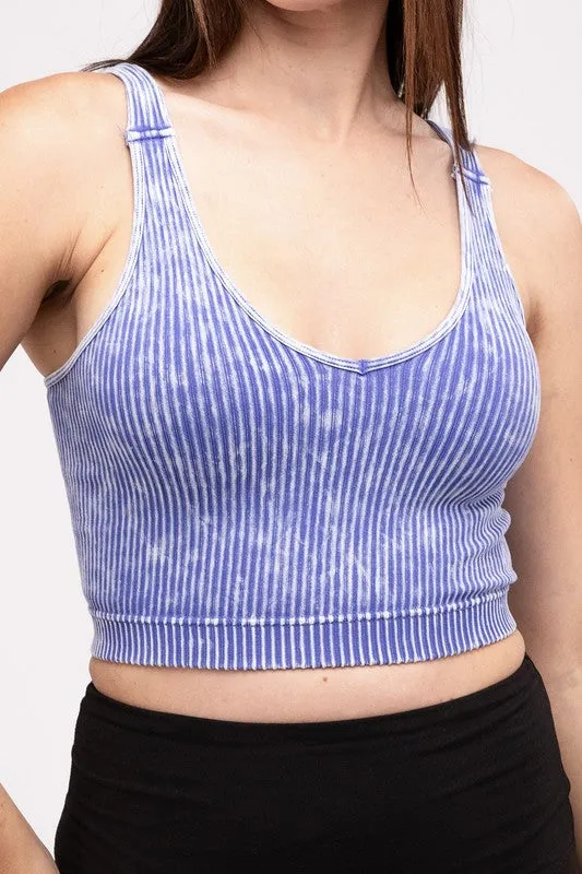 ZENANA Washed Ribbed Cropped V-Neck Tank Top