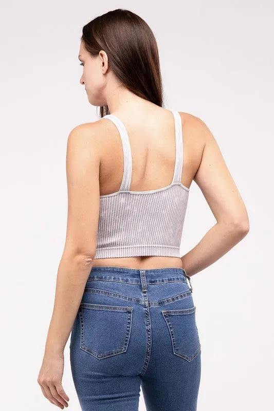 ZENANA Washed Ribbed Cropped V-Neck Tank Top