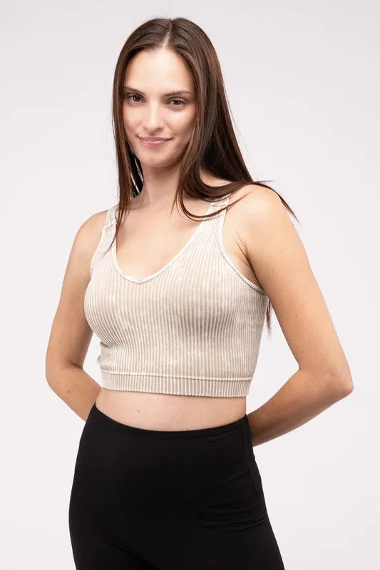 ZENANA Washed Ribbed Cropped V-Neck Tank Top