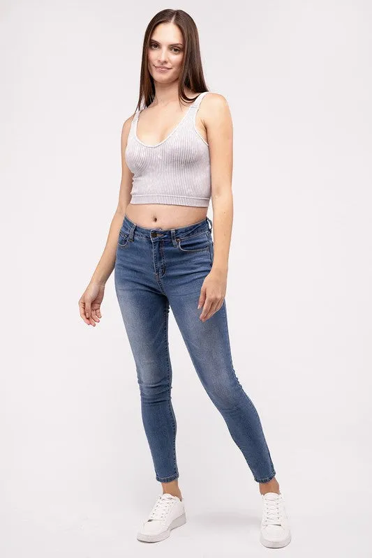 ZENANA Washed Ribbed Cropped V-Neck Tank Top