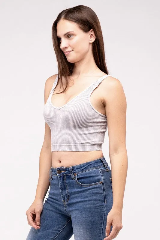 ZENANA Washed Ribbed Cropped V-Neck Tank Top