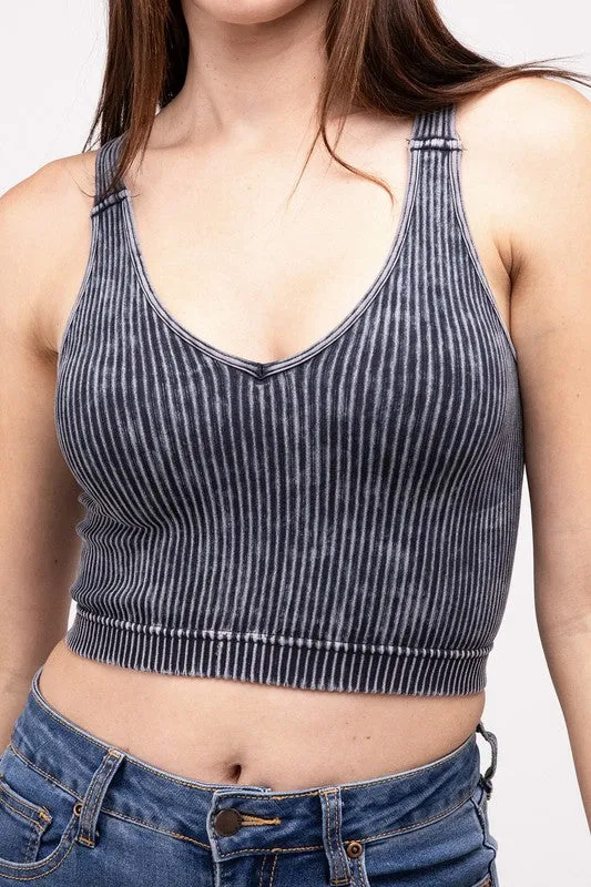 ZENANA Washed Ribbed Cropped V-Neck Tank Top