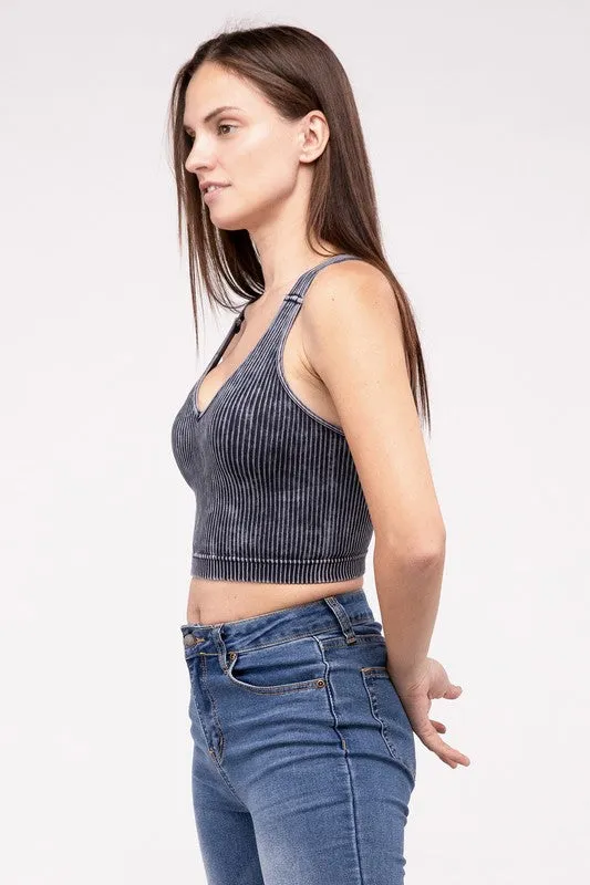ZENANA Washed Ribbed Cropped V-Neck Tank Top