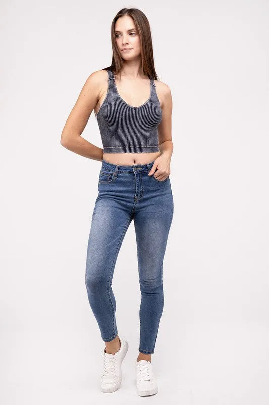 ZENANA Washed Ribbed Cropped V-Neck Tank Top
