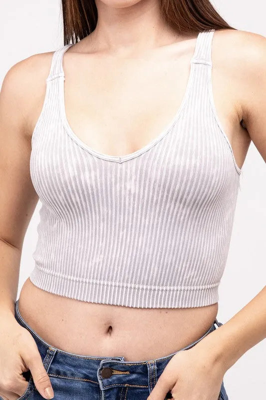 ZENANA Washed Ribbed Cropped V-Neck Tank Top