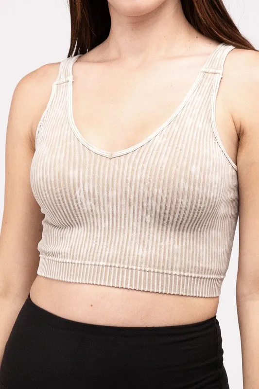 ZENANA Washed Ribbed Cropped V-Neck Tank Top