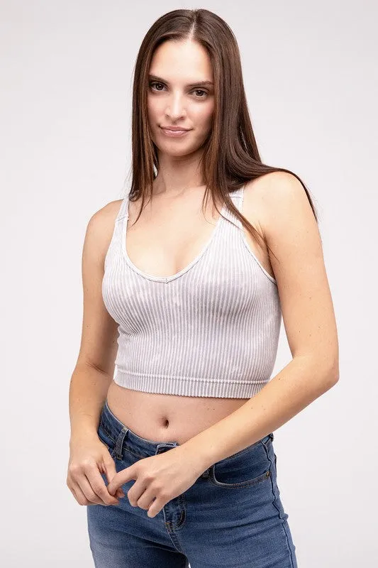 ZENANA Washed Ribbed Cropped V-Neck Tank Top