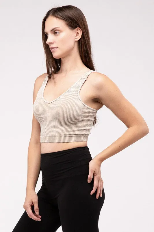 ZENANA Washed Ribbed Cropped V-Neck Tank Top
