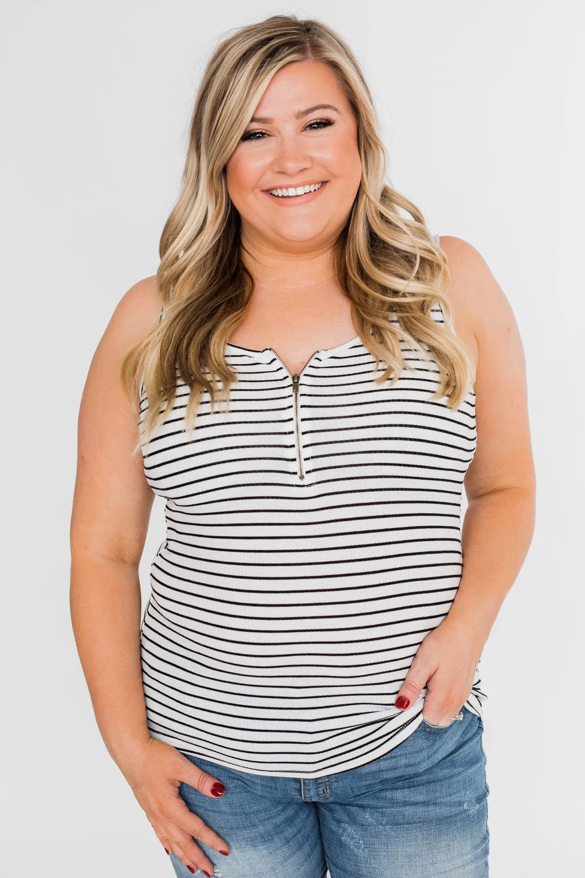 Zipper Tank Top- Black & White Striped