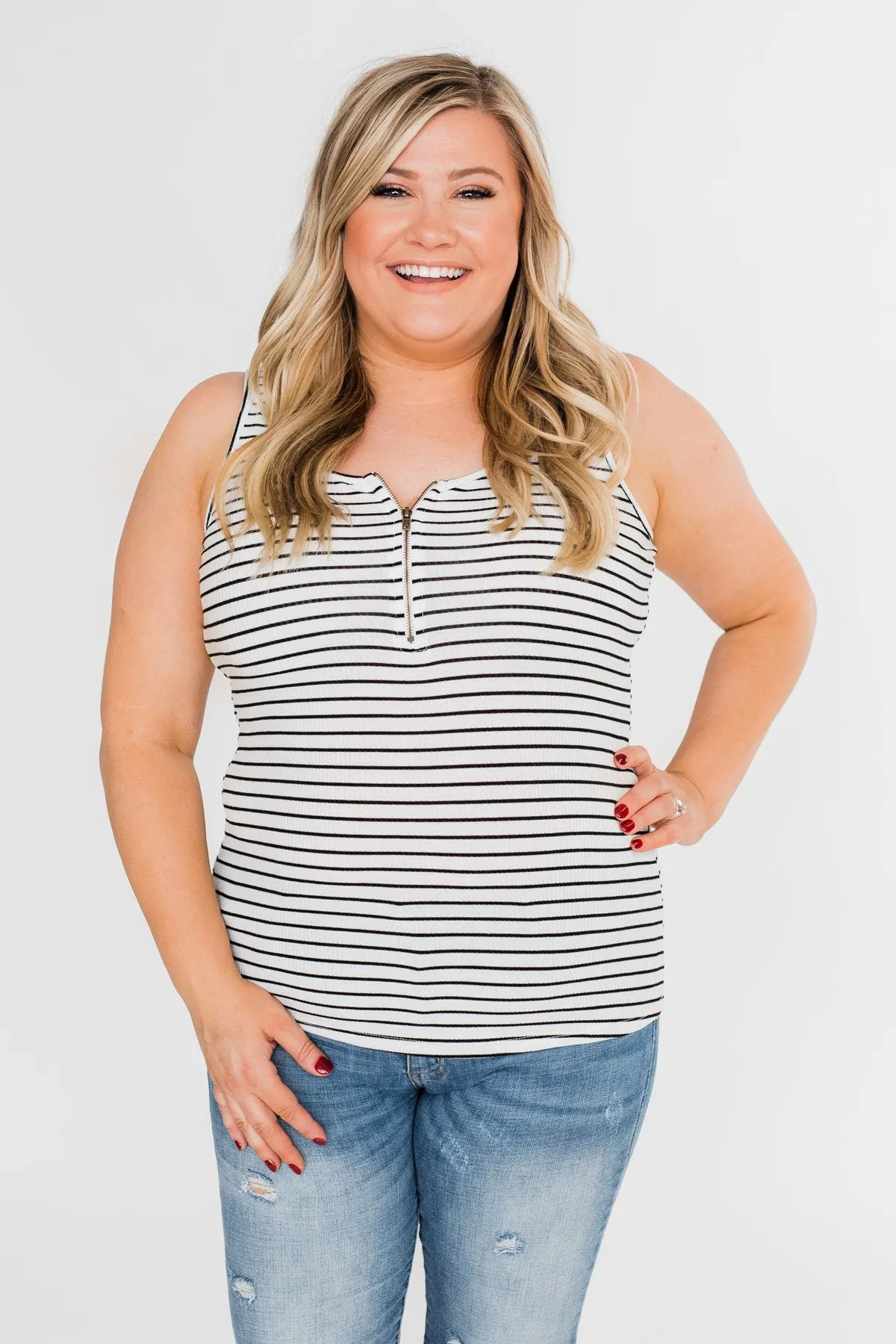 Zipper Tank Top- Black & White Striped
