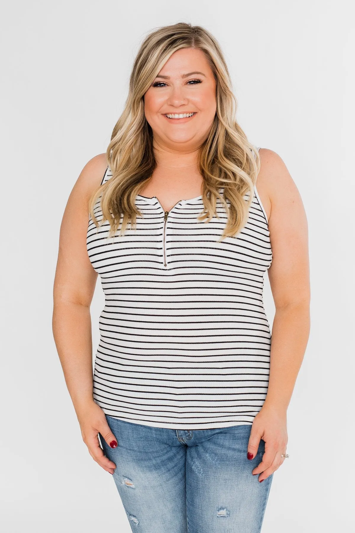 Zipper Tank Top- Black & White Striped