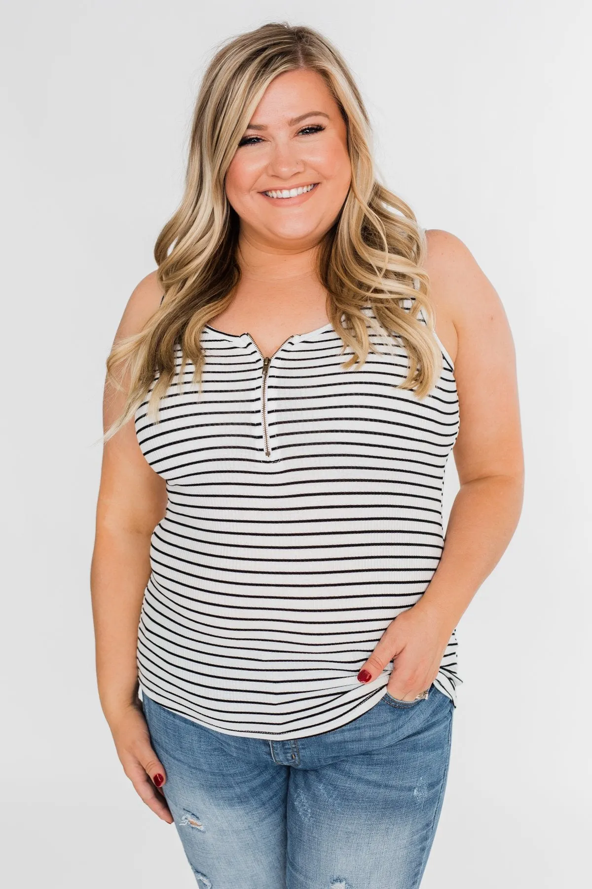 Zipper Tank Top- Black & White Striped